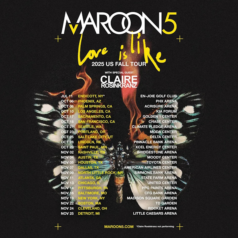 Maroon 5 Love Is Like 2025 tour poster